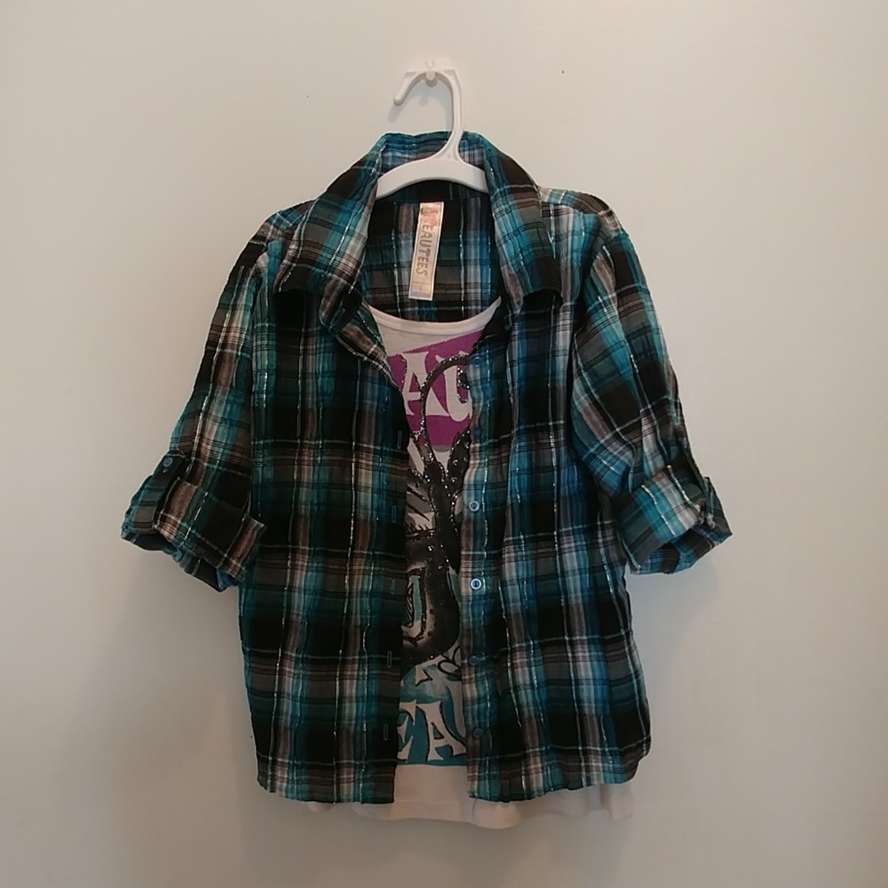 Beautees Girls Woven Plaid with Butterfly Tank Shirt (L)